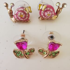 Pink and Gold Snail and Flower Earrings By Betsey Johnson